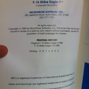 May include: A black and white printed page with the title "F-15 Strike Eagle II" and the text "MICROPROSE SOFTWARE, INC."  The page includes copyright information and a printing history for the F-15 Strike Eagle II computer simulation.