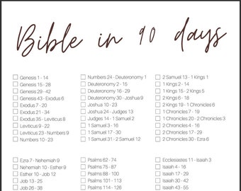 May include: A printable checklist for reading the Bible in 90 days. The checklist is divided into three columns, each with a list of books of the Bible. The checklist is printed on a white background with brown text.