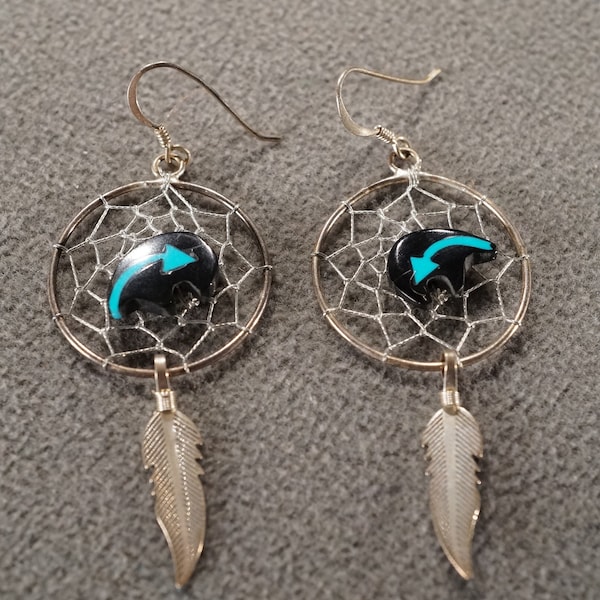 vintage sterling silver Southwestern style statement earrings in dreamcatcher style with turquoise, black onyx and feather design  **M2