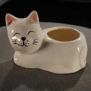 May include: White ceramic cat planter with a smiling face and pink ears. The planter has a small opening on the top for planting.