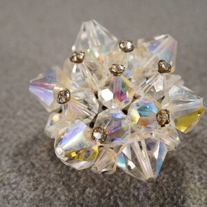 vintage antique pin brooch with aurora borealis round and cone shaped faceted glass rhinestones in a present bow cluster, 1 1/2 inch   **M1