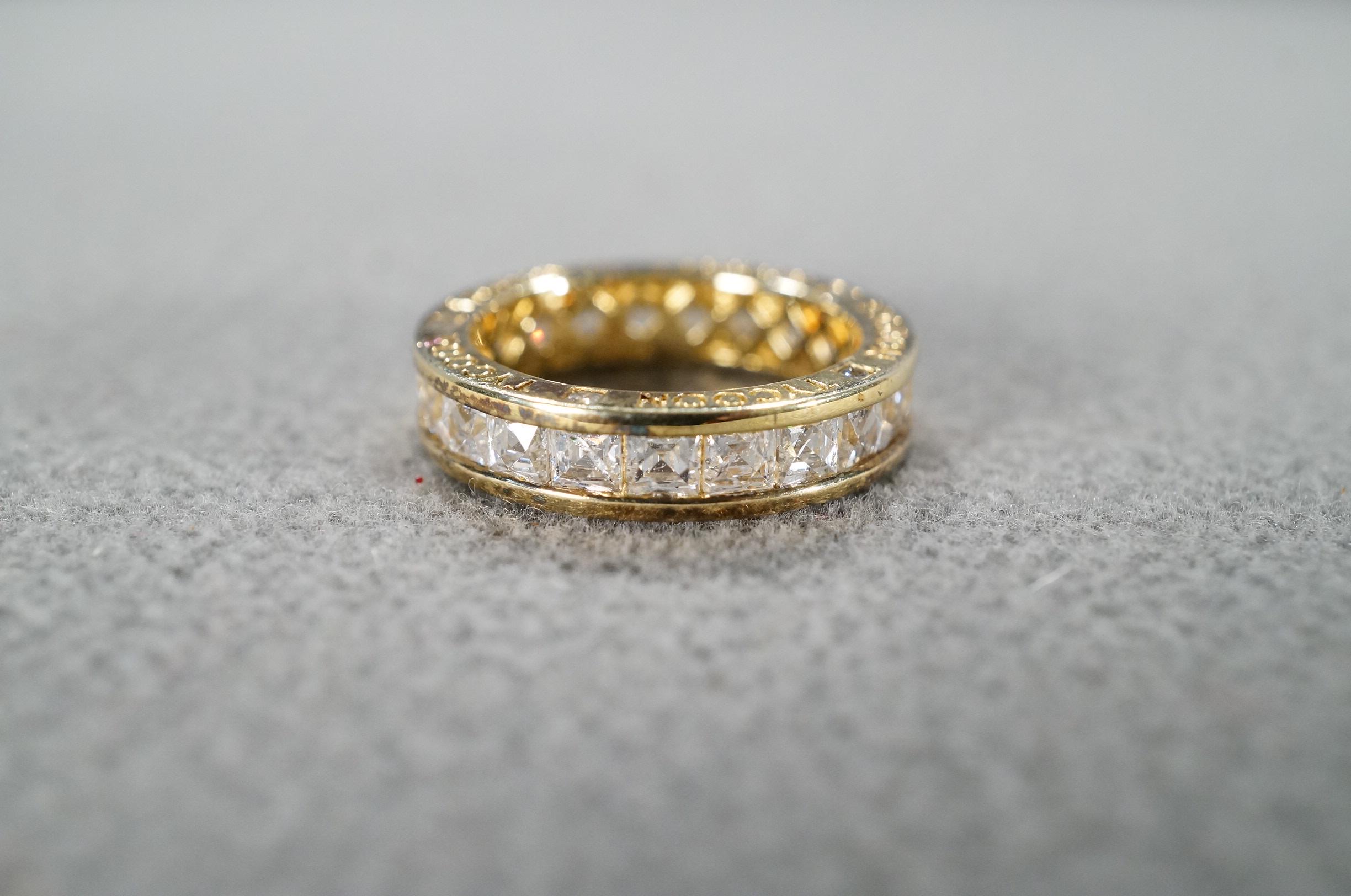 Vintage Wedding Eternity Band Stacker Design Ring Sterling Silver Gold Overlay Bezel Set Square Cubic Zirconia Tycoon Cluster Multi Stone, 7