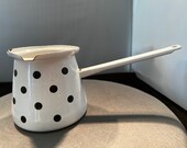 Antique Vintage Slovenia White Enamelware Turkish Coffee Pot Melting Butter Pot Black Polka Dots Enameled Victorian Style Kitchen Home Decor