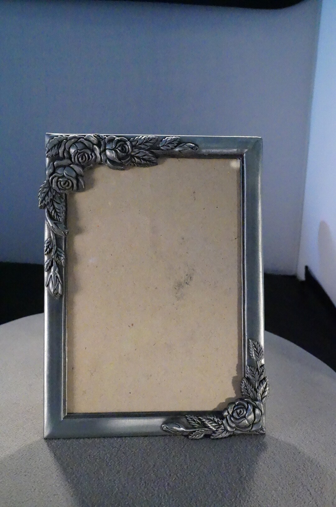 Vintage Pewter Picture Frame Raised Relief Scrolled Etched Table Top