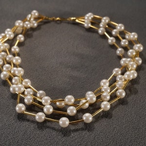 Vintage Art Deco Style Yellow Gold Tone Faux Pearl Multi Strand Round Necklace Jewelry    K#55