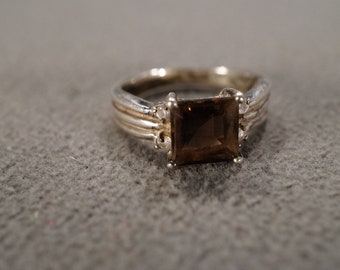 Vintage Wedding Band Stacker Design Ring Sterling Silver 5 Round Square Prong Set Diamond Smokey Quartz Multi Stone Setting Classic, Size 9