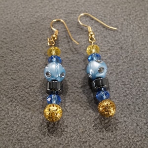 Vintage Art Deco Style Yellow Gold Tone Glass Beads Blue Euro Wire Pierced Earrings Jewelry    K#56