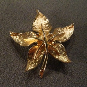 May include: A gold-toned brooch in the shape of a leaf. The leaf has a textured surface and a detailed design.