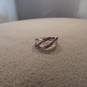 Vintage Wedding Band Stacker Design Ring Sterling Silver Multi Round Prong Set Ruby Diamond Cluster Crossover Multi Stone Setting, Size 8