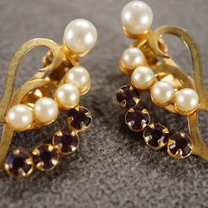 Vintage Art Deco Style Yellow Gold Tone Rhinestone Faux Pearl Glass Stone Clip On Earrings Jewelry    K#17