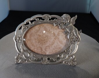 Vintage Picture Frame Pewter Metal Oval Table Top Design Raised Relief Scrolled Design Classic Collectable Art Deco Style Home Decor