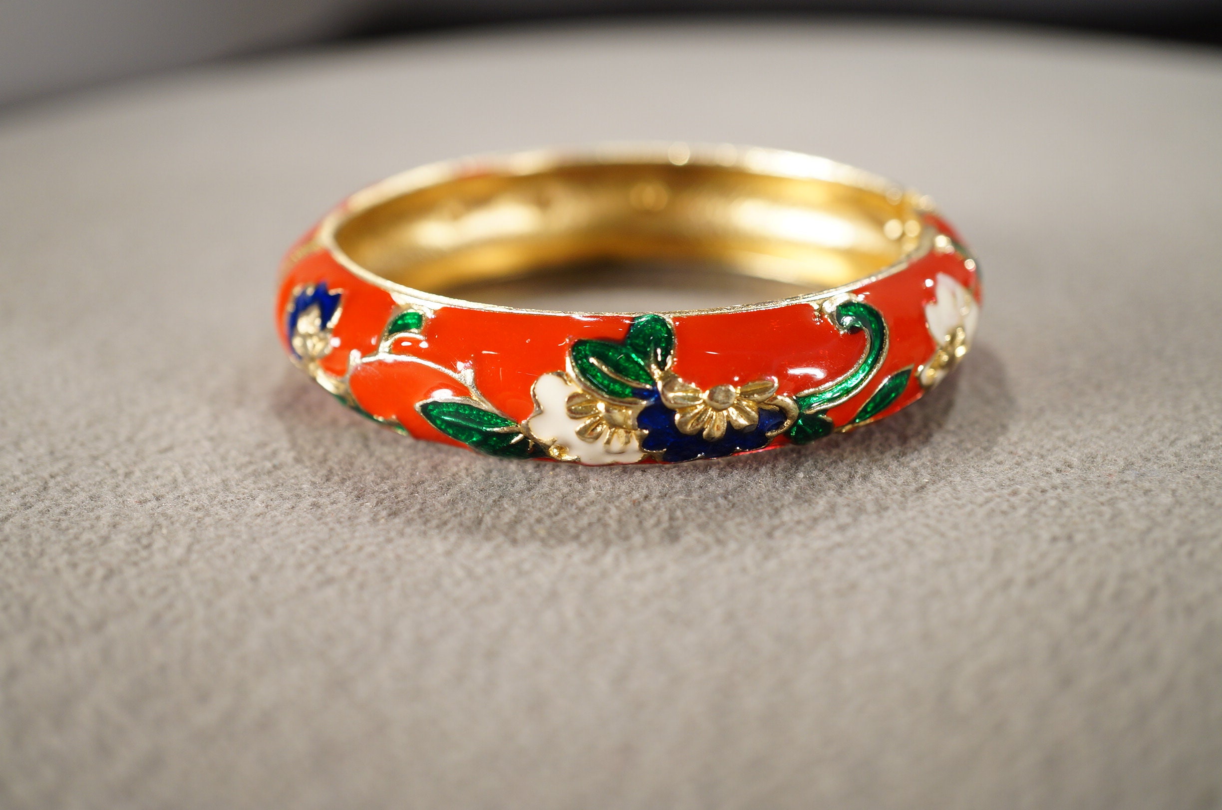 Vintage Bangle Bracelet Yellow Gold Tone Raised Relief Floral Design ...