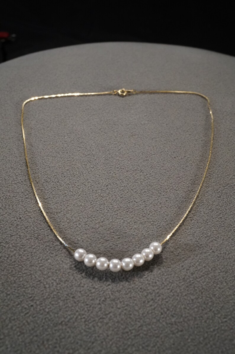 VINTAGE Art Deco Goldtone Faux Pearl Bib Necklace ChainVR #34
