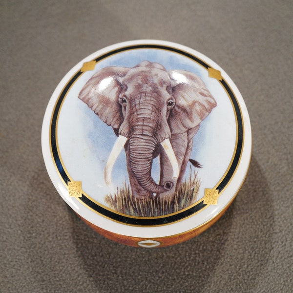 Vintage Artist Signed Rendered Lynn Chase African Portraits Trinket Round Covered Box Lidded Jungle Elephant Horns Table Top Home Decor