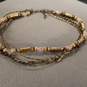 Vintage Art Deco Style Yellow Gold Tone Faux Pearl Multi Strand Dangle Adjustable Necklace Jewelry    K#34