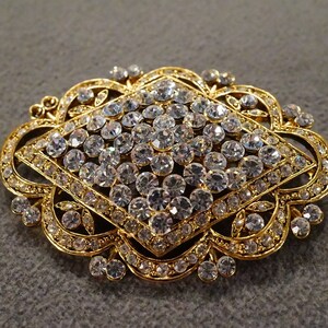 Vintage Yellow Gold Pin Brooch Multi Round Glass Rhinestone Raised Relief Etched Scrolled Setting Victorian Style Collectable Classic #1871