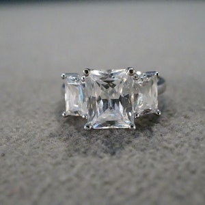Vintage Wedding Band Stacker Design Ring Sterling Silver 3 Rectangle Prong Set Cubic Zirconia 3 Stone Setting Classic Art Deco Style, Size 7