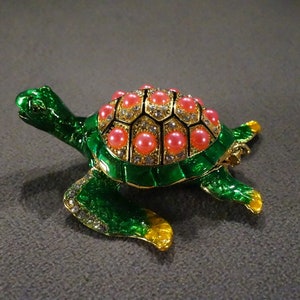 Vintage Ciel Collectables Detailed Turtle Design Trinket Jewelry Hinged Box Hand Crafted Multi Color Enameled Swarovski Crystals Home Decor