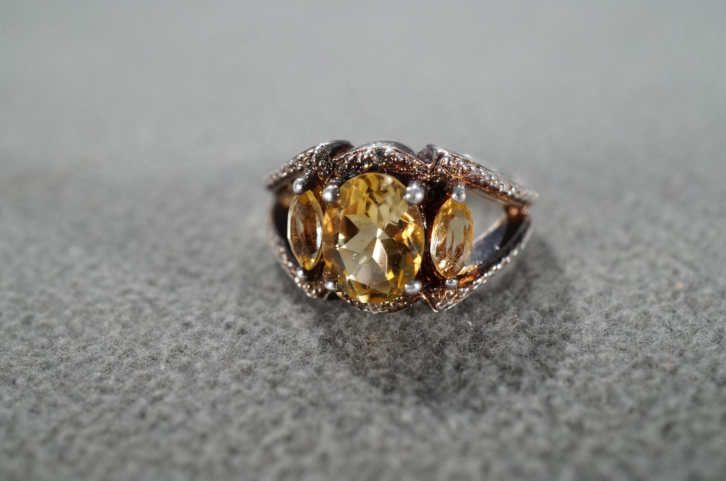 Vintage Wedding Band Stacker Design Ring Sterling Silver 5 Round Oval Marquise Prong Set Citrine Diamond Cluster Multi Stone Setting, Size 7