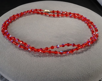 Antique Vintage Tennis Design Necklace Uniform Round Fancy Faceted Art Glass Beads Ruby Red Aurora Borealis Layering Setting Classic  #2712