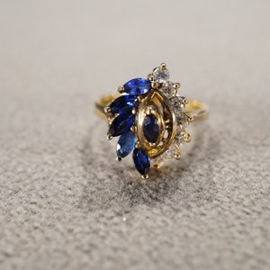 Vintage Wedding Band Stacker Design Ring Sterling Silver Gold Overlay 13 Marquise Round Prong Set Blue Sapphire White Topaz Cluster Setting