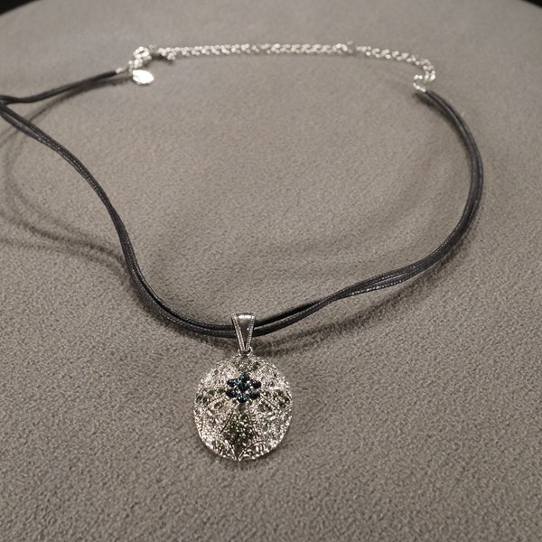 vintage stamped Cookie Lee silver tone pendant with double satin cord necklace, adjustable length from 14-20 inches, decorative pendant **M3