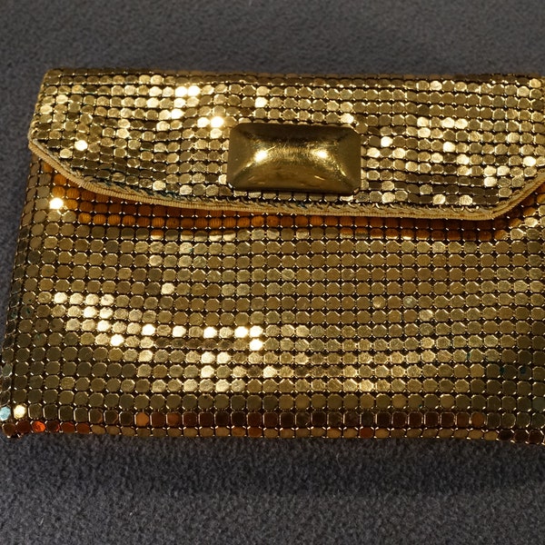 Antique Vintage Whiting & Davis Coin Hand Purse Accessory Label Case Storage Yellow Gold Tone 1950 Midcentury Modern Classic Collectable