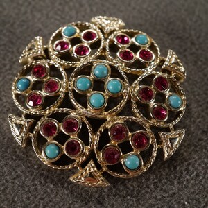 Vintage Art Deco Style Yellow Gold Tone Rhinestone Glass Stone Faux Turquoise Designer Signed Sarah Coventry Pin Brooch Jewelry    K#32