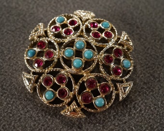 Vintage Art Deco Style Yellow Gold Tone Rhinestone Glass Stone Faux Turquoise Designer Signed Sarah Coventry Pin Brooch Jewelry    K#32