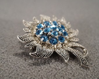 vintage antique pin brooch in silver tone metal beadwork sunflower design with large round blue rhinestones in the center, 2 1 1/2 in  **M1