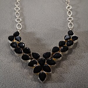 Vintage Sterling Silver Bib Necklace Chain 24 Bezel Set Pear Teardrop Faceted Black Onyx Round Oval Adjustable Link Art Deco Style     #2650