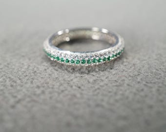 Vintage Wedding Eternity Band Stacker Design Ring Sterling Silver Round Prong Set Green Clear Cubic Zirconia 3 Row Multi Stone Setting, 7