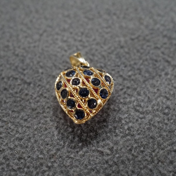 Vintage REVERSIBLE Design Multi Round Blue Sapphires Rubies 14 K Yellow Gold Puffed Heart Pendant Necklace Chain Charm Bracelet Design #3723