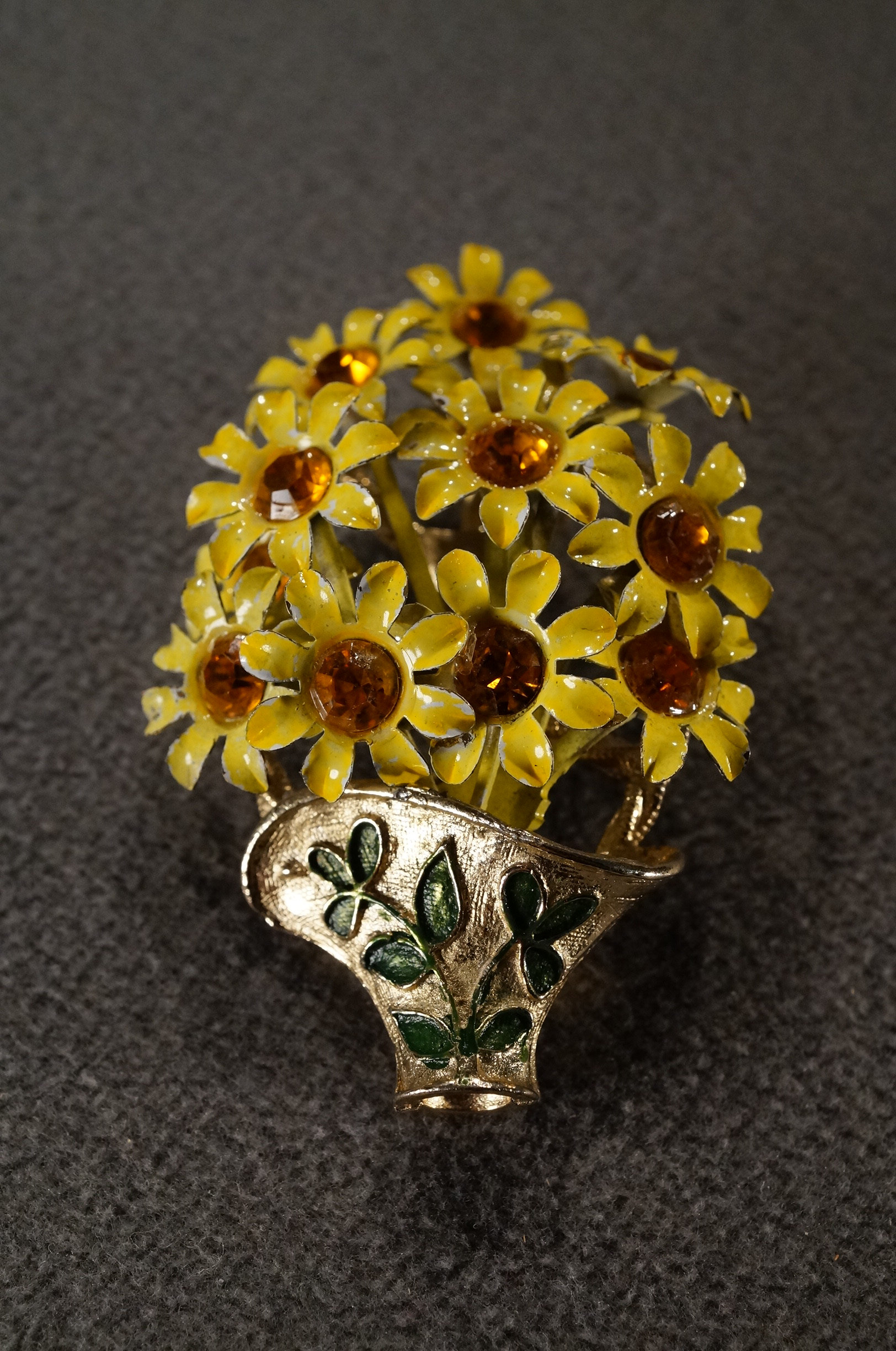 Vintage Art Deco Style Yellow Gold Tone Enameled Rhinestone Glass