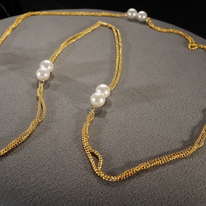 Vintage Art Deco Style Yellow Gold Tone Faux Pearl Round Line Link Necklace Jewelry    K#29