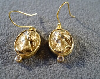 Vintage Sterling Silver Yellow Gold Overlay Dangle Drop Pierced Earrings Etched Raised Relief cameo Figural Design Euro Wire Artist     4000