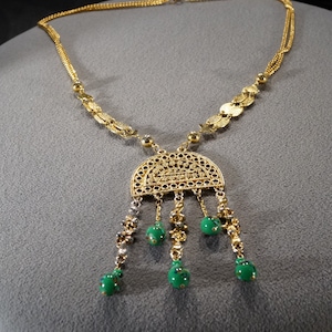 Vintage Art Deco Style Yellow Gold Tone Bib Style Glass Beads Dangle Tassel Necklace Jewelry   K#11