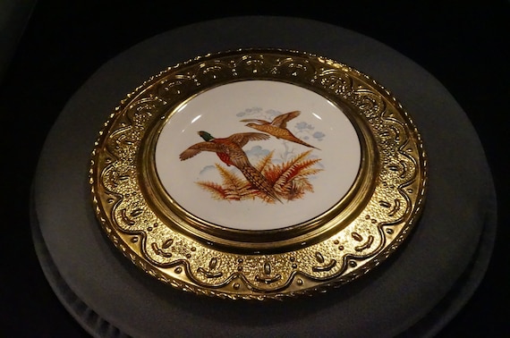 Antique Vintage Brass Porcelain Wall Plaque Hanging Dish Plate