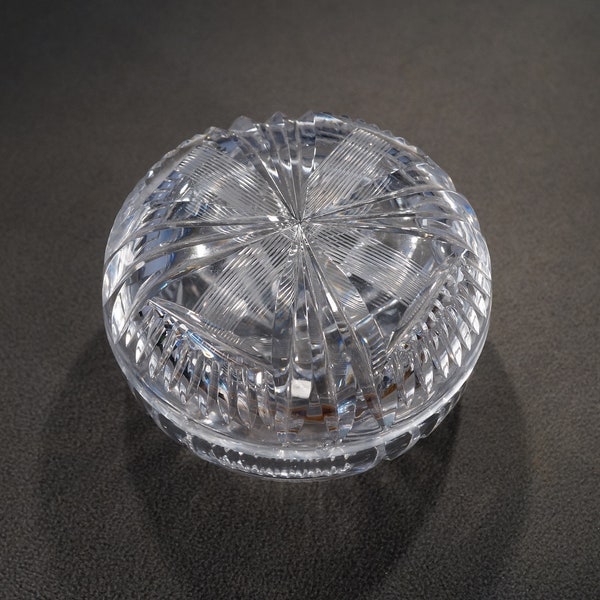 Vintage Heavy Crystal Clear Crystal Glass Round Shape Trinket Jewelry Box Lid Fancy Etched Carved Design Dresser Table Top Collectable