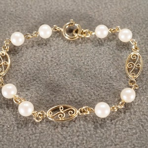 Vintage Art Deco Style Yellow Gold Tone Faux Pearl Glass Beads Round Line Link Necklace Jewelry    K#1