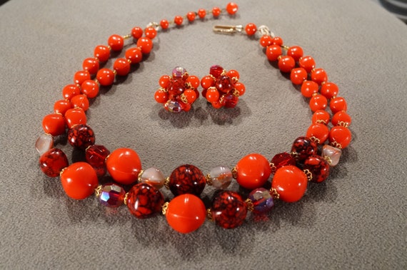 Vintage Art Deco Style Glass Beads Red Double Str… - image 1