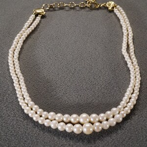 Vintage Art Deco Style Yellow Gold Tone Double Stranded Graduated Faux Pearl Glass Beads Dangle Necklace Jewelry    K#44