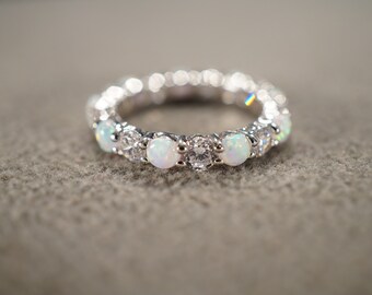 Vintage Wedding Eternity Band Stacker Design Ring Sterling Silver Round Prong Set Opal Clear Cubic Zirconia Cluster Multi Stone Setting, 6