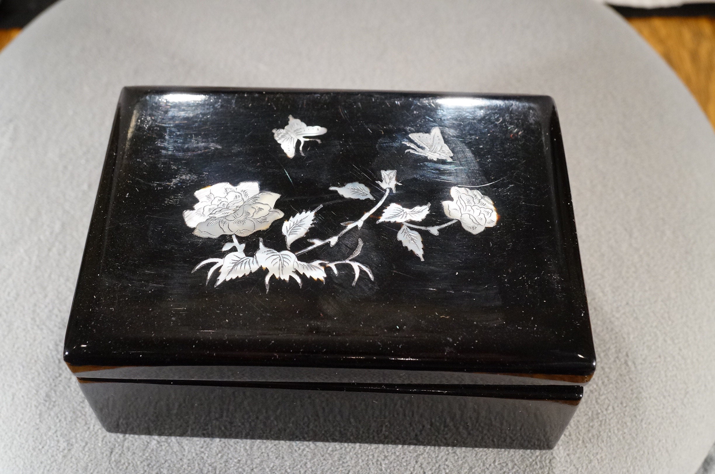 Vintage Ebony Wood Trinket Jewelry Box Rectangle Detailed Etsy