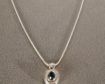 Vintage Art Deco Style Silver Tone Rhinestone Glass Stone Blue Oval Pendant Necklace Jewelry     K#2