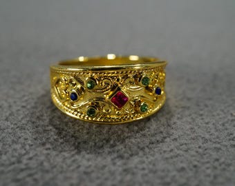 Vintage Wedding Band Stacker Design Ring Yellow Gold Tone 7 Round Square Multi Colored Glass Stones Raised Relief Etruscan Style, Size 7