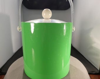 Antique Vintage Kraftware Mid Century Modern Green Paten Leather Lucite Lidded Handled Ice Bucket Table Top Barware Kitchen Decor Home Decor