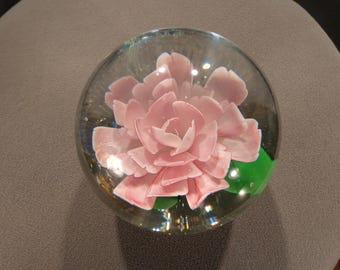 Antique Vintage Artist Rendered Art Glass Paperweight Shades Pink Floral Design Table Shelf Top Classic Collectable Home    Decor
