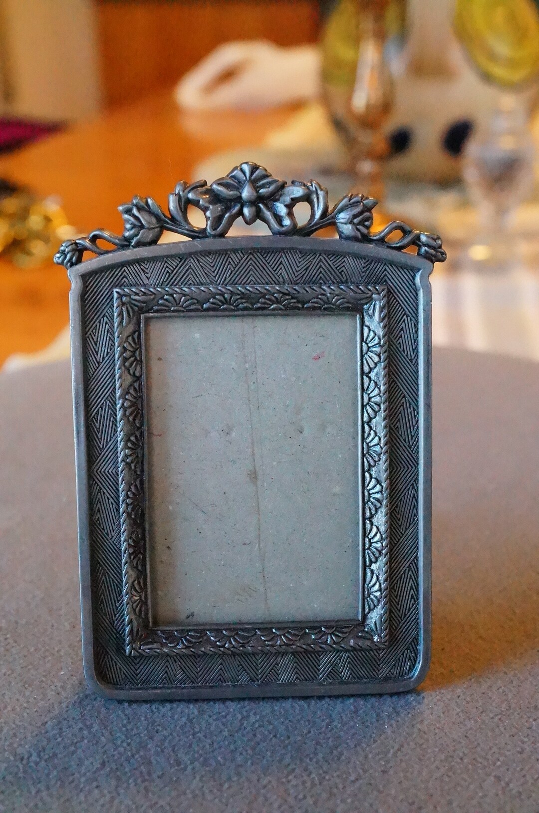 Vintage Pewter Picture Frame Raised Relief Scrolled Etched Table Top