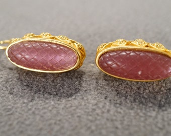 Vintage Pierced Earrings Yellow Gold Tone 2 Oval Bezel Set Fancy Faceted Faux Rose Quartz Lever Back Closure Classic Collectable      #2726